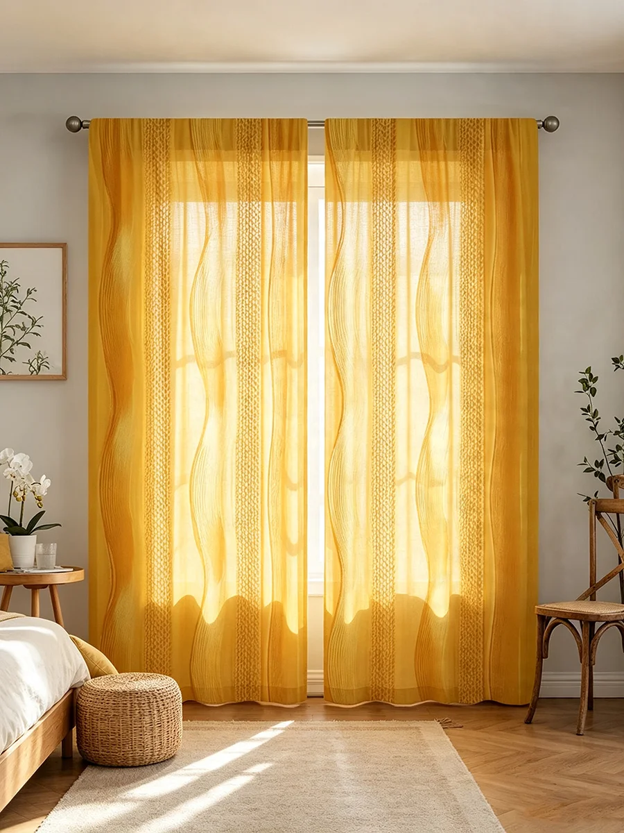 2PCS Digital Print Curtains Solid Yellow Wavy Texture Print Modern Minimalist Window Curtains