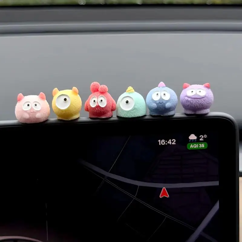 6Pcs Colorful Cute Fuzzy Monster Figurines Mini Cartoon Car Dashboard Ornaments for Student Desk Decor