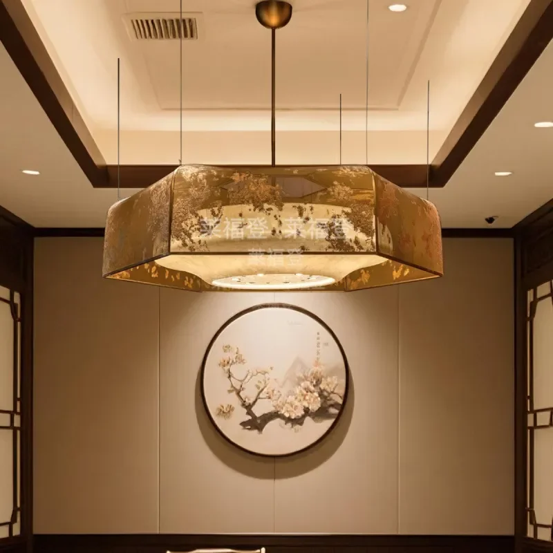 New Chinese Retro Fabric Chandelier for Hotel Restaurant Island Dining Table Banquet Hall Lighting Fixture