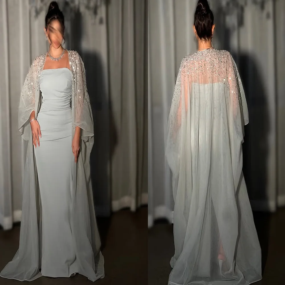 

vestidos de Modest Boat Collar Satin Solid Evening Party Dress Sheath Floor Length Shiny Arab Gown with Crystal Cape Custom Made