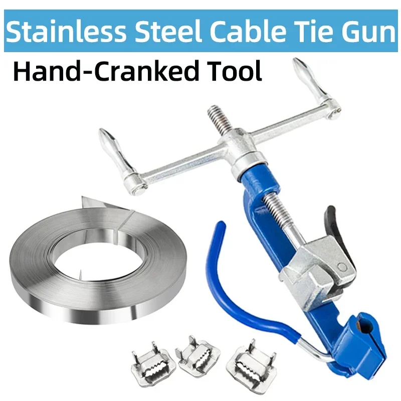 Stainless Steel Cable Tie Gun Screw Type Hand-cranked Tool Cable Tie Pliers Steel Belt Reel Tightening Cutter Fastening Strap