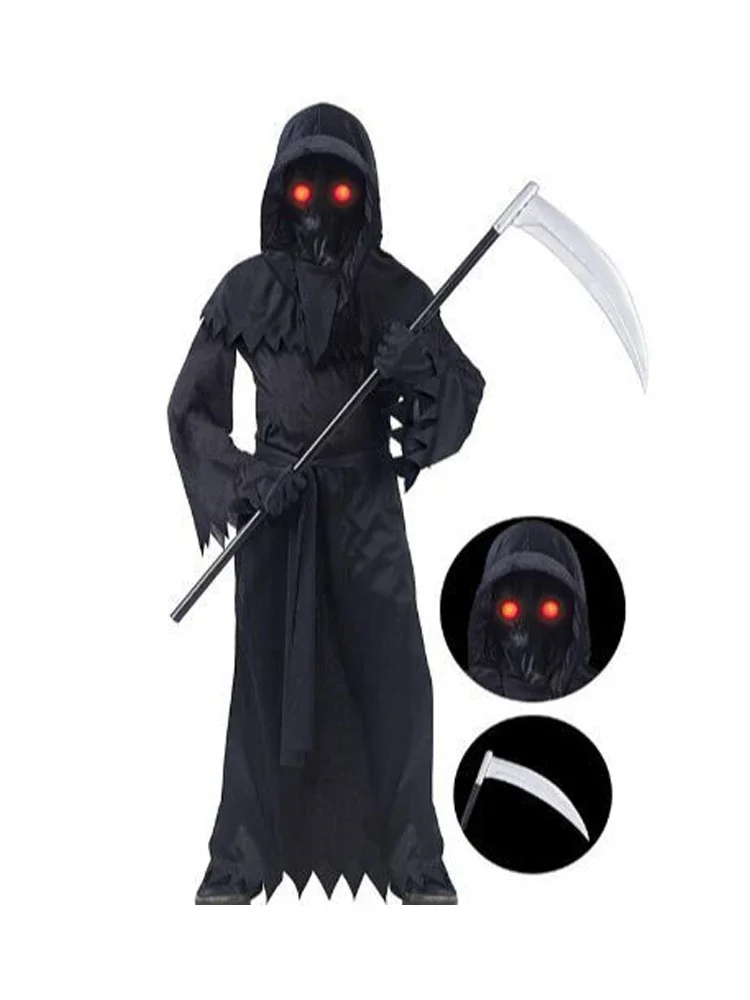 할로윈 의상 공포 롤플레잉 레드 아이 그림 리퍼 코스튬 낫 악마 다크사이드 유령 코스프레 슈트 후드 파티 드레스 장갑