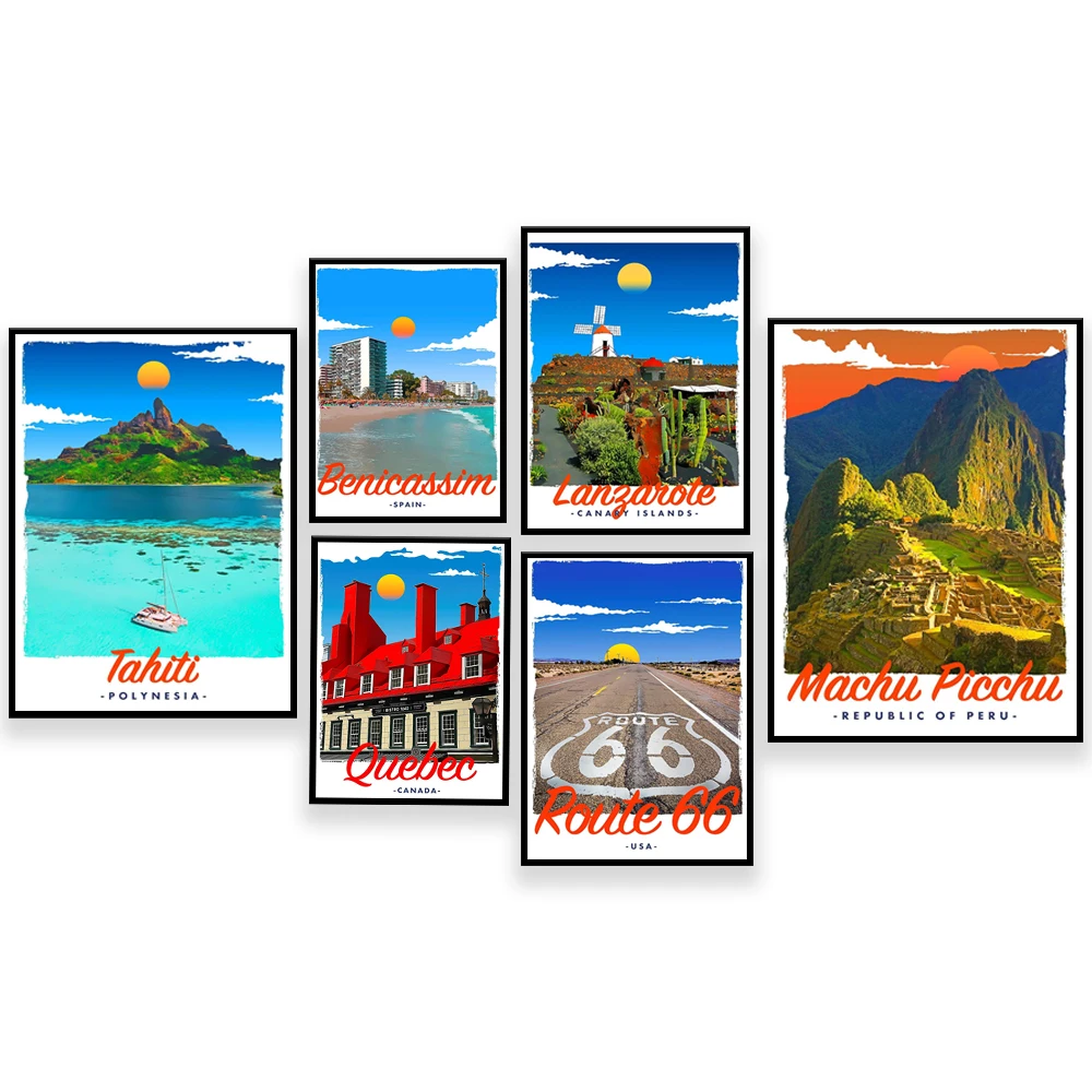 Orlando, US Route 66, Polynesia, Jamaica, Peru, - Cancun, Mexico, Buckingham Palace, Canada, China, Spain, Greece travel poster