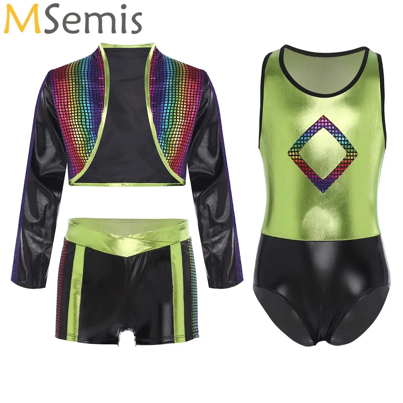

Kids Girls Metallic Dance Outfits Color Block Ballet Dance Jersey Leotard with Shorts And Jacket Set for Jazz Sports Gymnastics