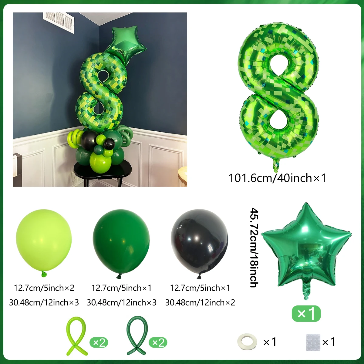 40 Zoll Grünes Pixel-Digital-Ballonset (0-9) Pentagramm Aluminiumfolienballons zur Dekoration von Jungen- und Mädchen-Geburtstagsfeiern – Detail 3