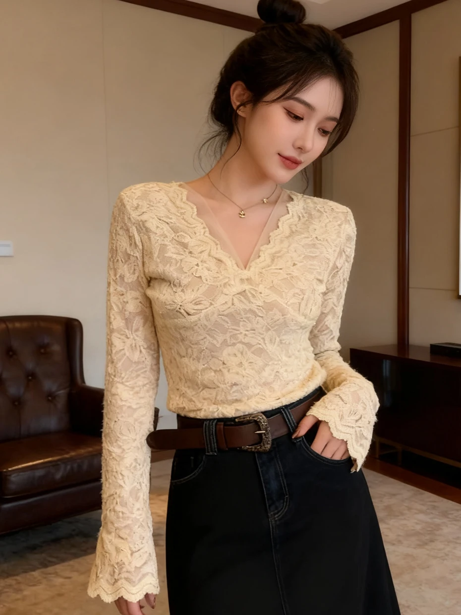 

Кружевной укороченный топ во французском стиле на флисовой подкладке, женская нижняя одежда, короткая сетчатая рубашка с V-образным вырезом, утепленная, осенне-зимняя мода