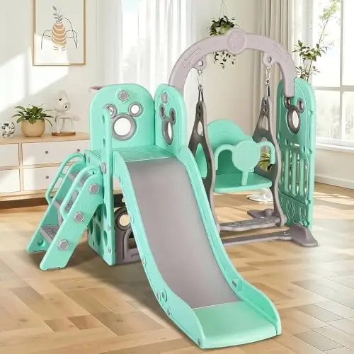 7 in 1 Toddler Slide and Swing Set, Freestanding Kids Large Climber Playset with Basketball Hoop,Storage Space, Baby
