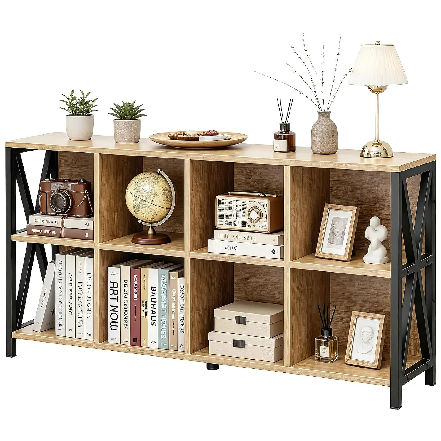 8-Cube Horizontal Storage Shelf Metal X-Bracket Bookcase Farmhouse Display Adjustable Feet Living Room Office 63