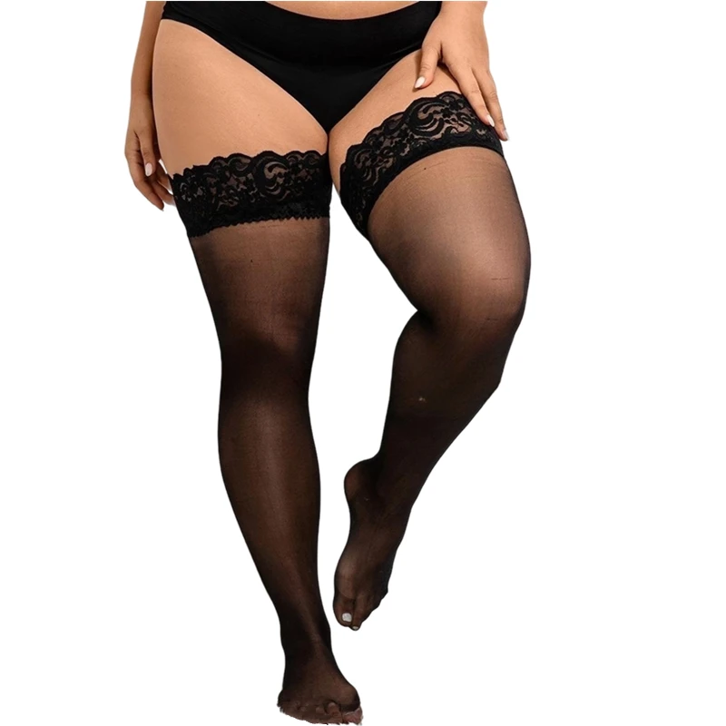 Elastic Plus Size Over Knee Thigh High Socks for Women Lace Sock XXXXL Sexy Black White Long Fishnet Stockings with Anti-slip