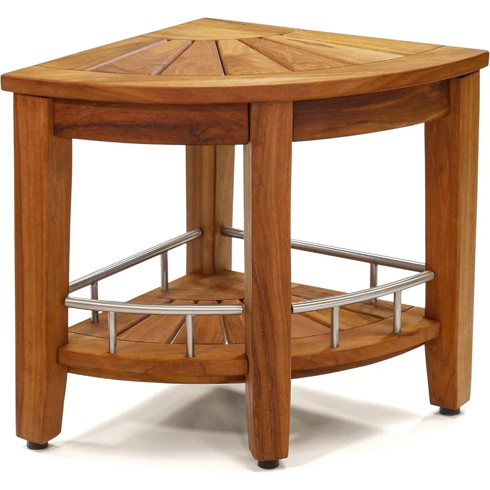 AquaTeak Banco de ducha esquinero Kai de 15,5 pulgadas con estante de teca y acero inoxidable