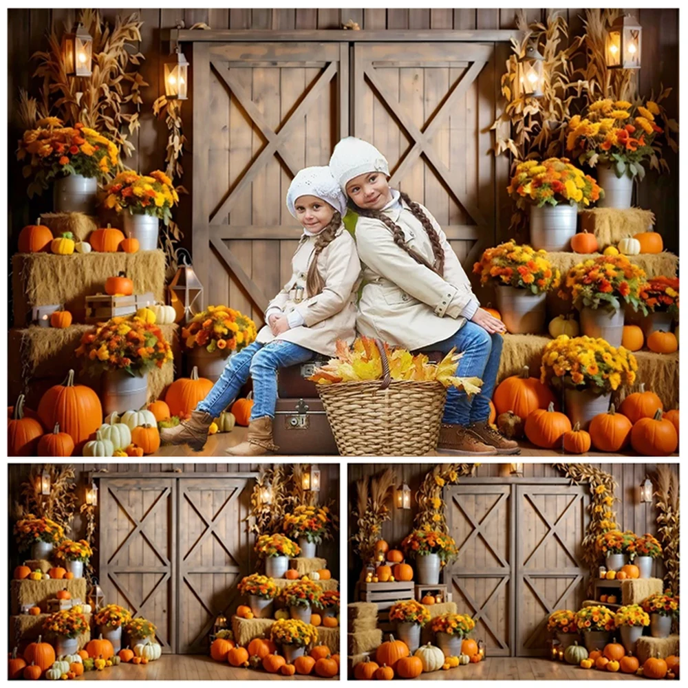 

Autumn Farm Barn Photography Backdrop Fall Pumpkin Harvest Hay Newborn Kids Portrait Baby Shower Background Photo Studio Props