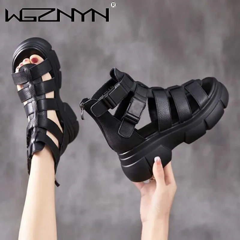 Handmade Genuine PU Leather Retro Shoes Women Sandals 2022 New Ankle Boots Summer Handmade Hollow-out Casual Platform Sandals