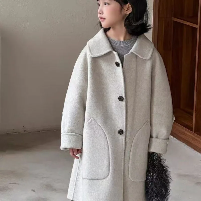 

New Children's Double Sided Cashmere Coat Autumn/Winter Girls' Woolen Medium To Long Jacket 110-160CM