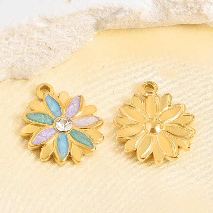 5pcs Stainless Steel 15x17mm Enamel Flower Charm Pendant For DIY Jewelry Necklaces Bracelets Making Findings Crafts