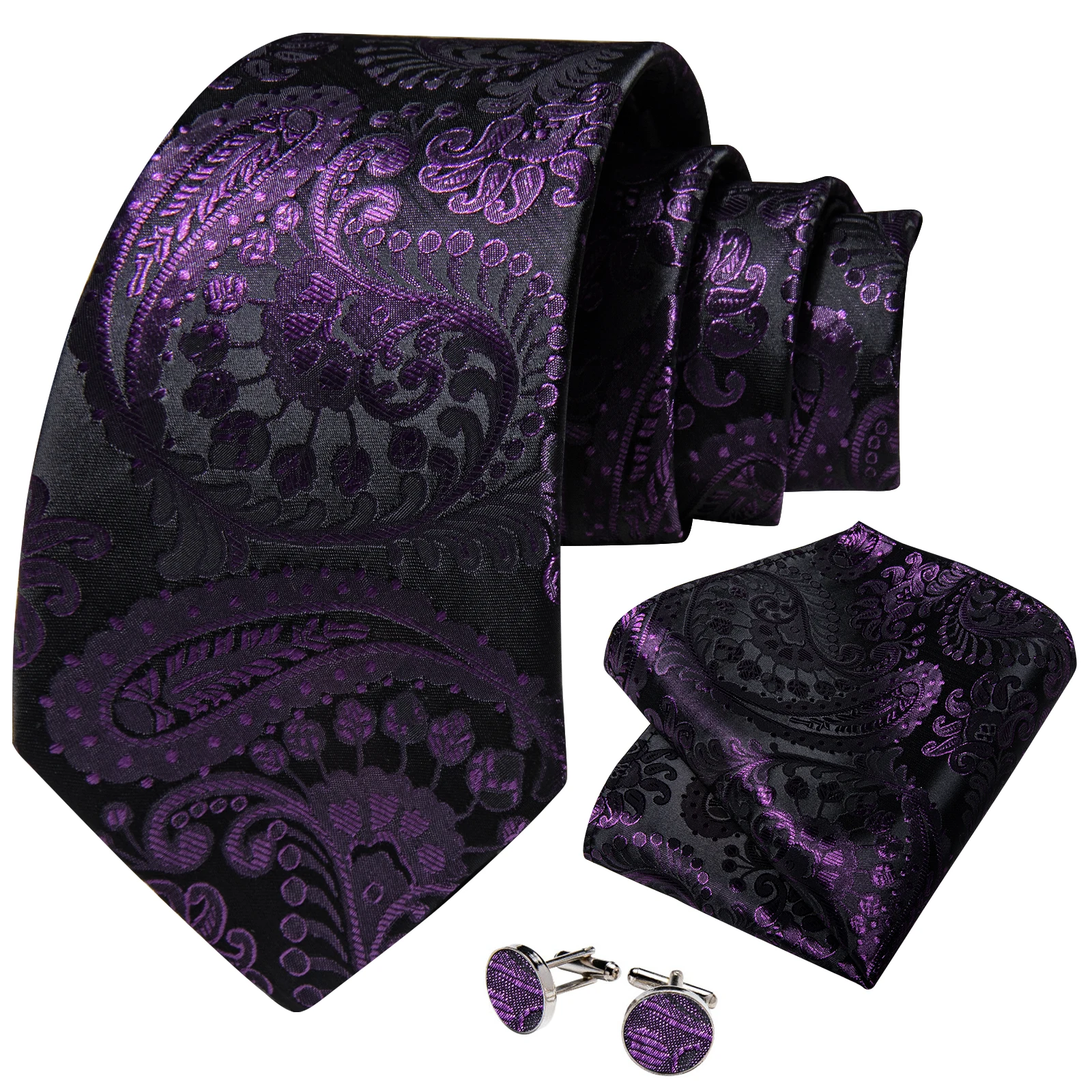 

Wedding Accessories Gift Ties for Men Luxury Silk Jacquard Woven 8cm Wide Business Purple Paisley Necktie Handkerchief Cufflinks