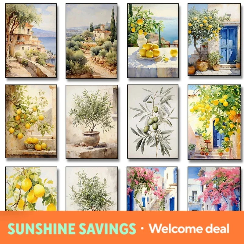 Italian Lemon Olive Tree Retro Mediterranean Greece  Santorini Landscape Poster Canvas Painting Wall Art Pictures  Home Decor