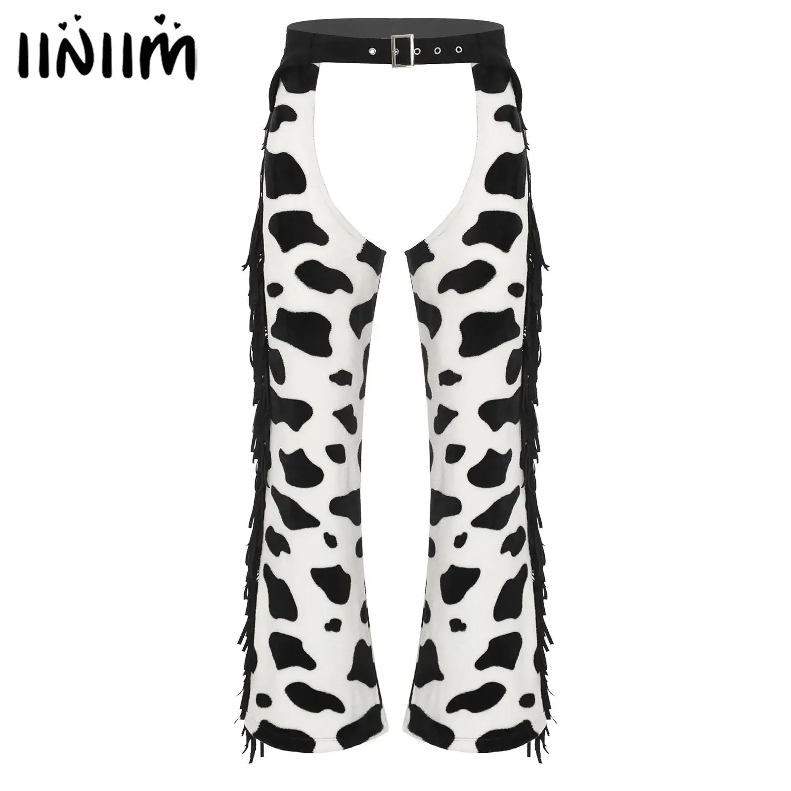 

Mens Cow Spot Pattern Flannel Long Pants with Side Tassel Open Crotch Biking Riding Cowboy Chaps Halloween Cospaly Costume
