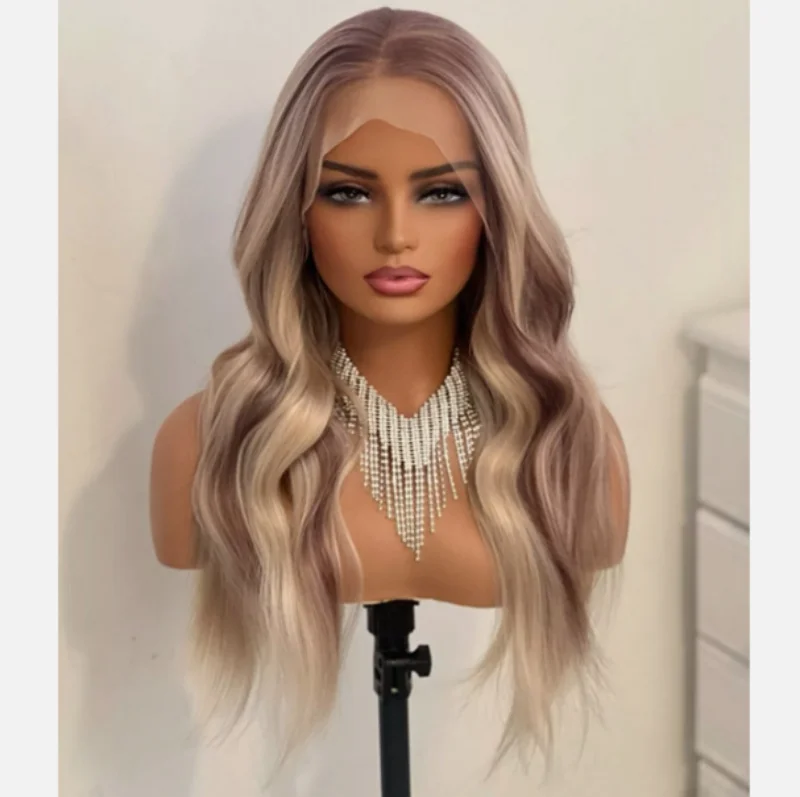 

Platinum Brown Wig Glueless Synthetic Hair Wigs for Women Lace Front Wig Body Wave Wig PrePlucked Hairline Natural Synthetic Wig