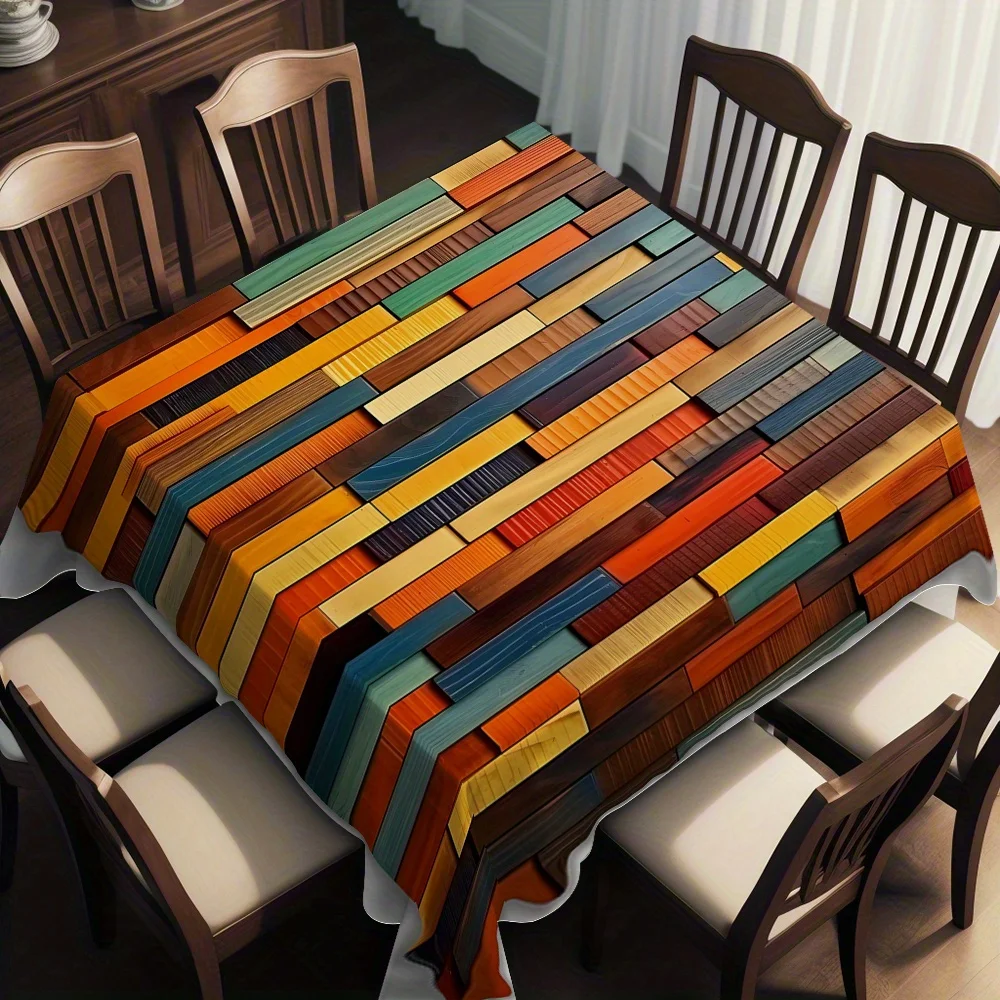 One colorful wood-grain printed square tablecloth, suitable for both indoor and outdoor dining.zyc