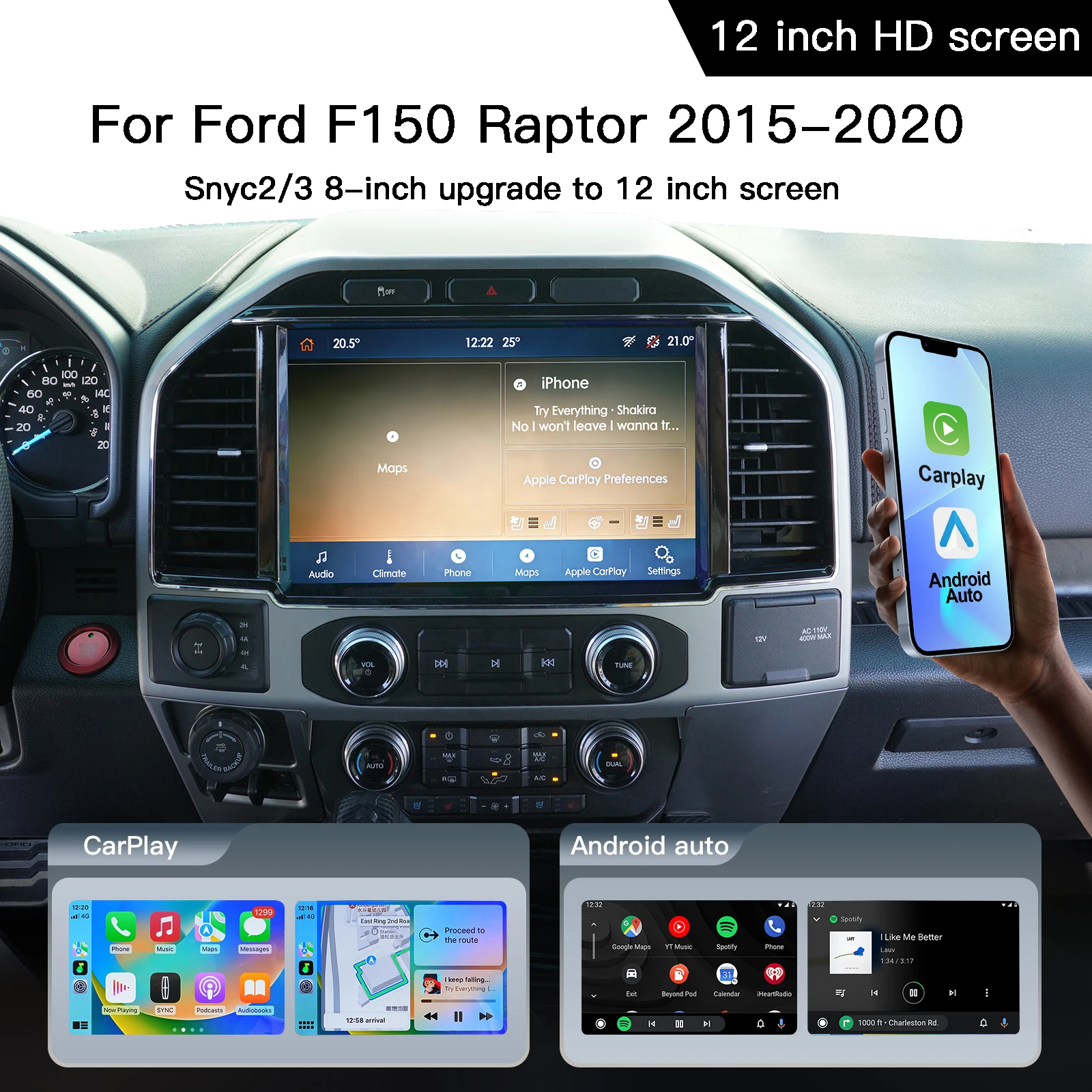

Комплект для замены автомагнитолы CARABC для Ford F150 Raptor 2015-2020, 8-дюймовый экран, обновление до 12-дюймового экрана в стиле Lincoln, поддержка CarPlay и Android Auto.