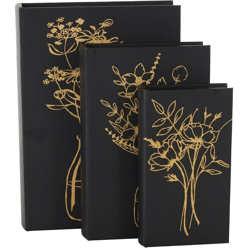 

Black Faux Leather Floral Decorative Book Boxes Set, 3 Sizes: 13, 11, 9 H, Gold Accents