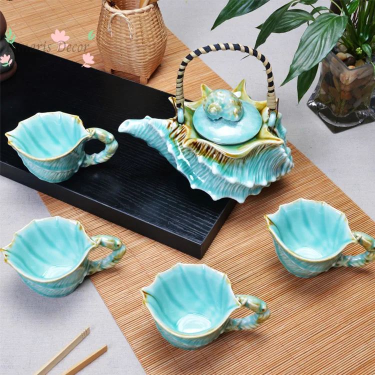 

The whole set of ceramic beam pot tea set, celadon set, light luxury tea set, large teacup, four cups in one pot of tea sea