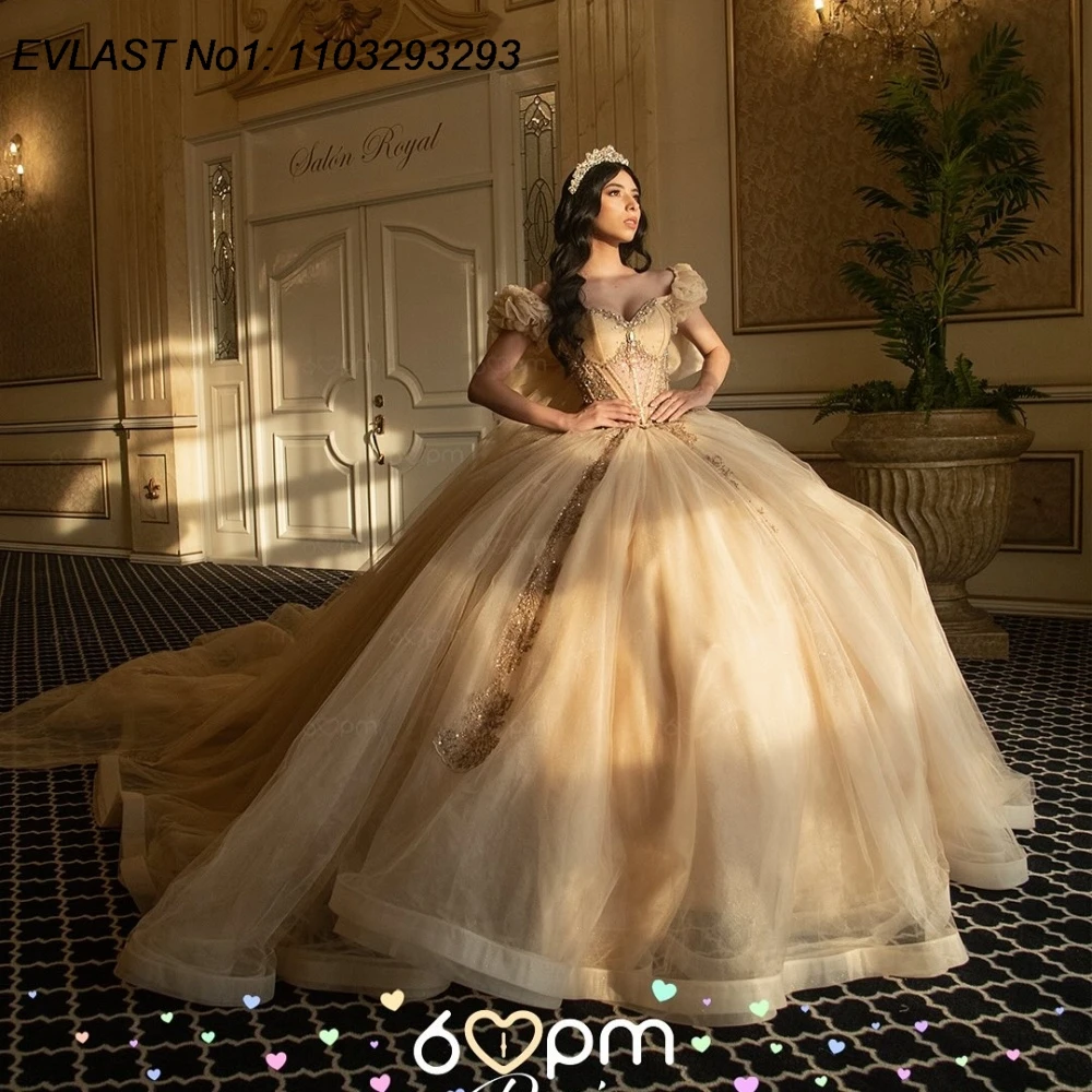 

EVLAST Customized Elegant Gold Quinceanera Dress Ball Gown Lace Applique Beading Bow Mexico Sweet 16 Vestidos De 15 Anos E1QN507