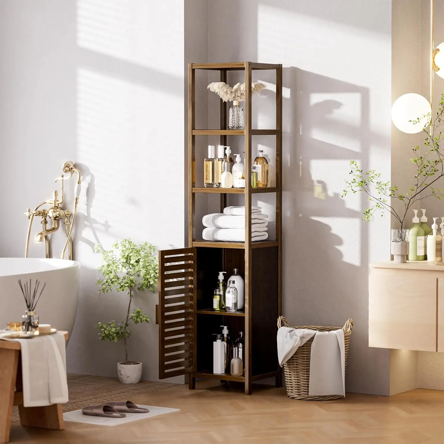 Bathroom Cabinet, Bamboo Floor Cabinet Freestanding Narrow Storage Unit with Removable Shelves, 6 Tier Tall Cabinet, Walnut