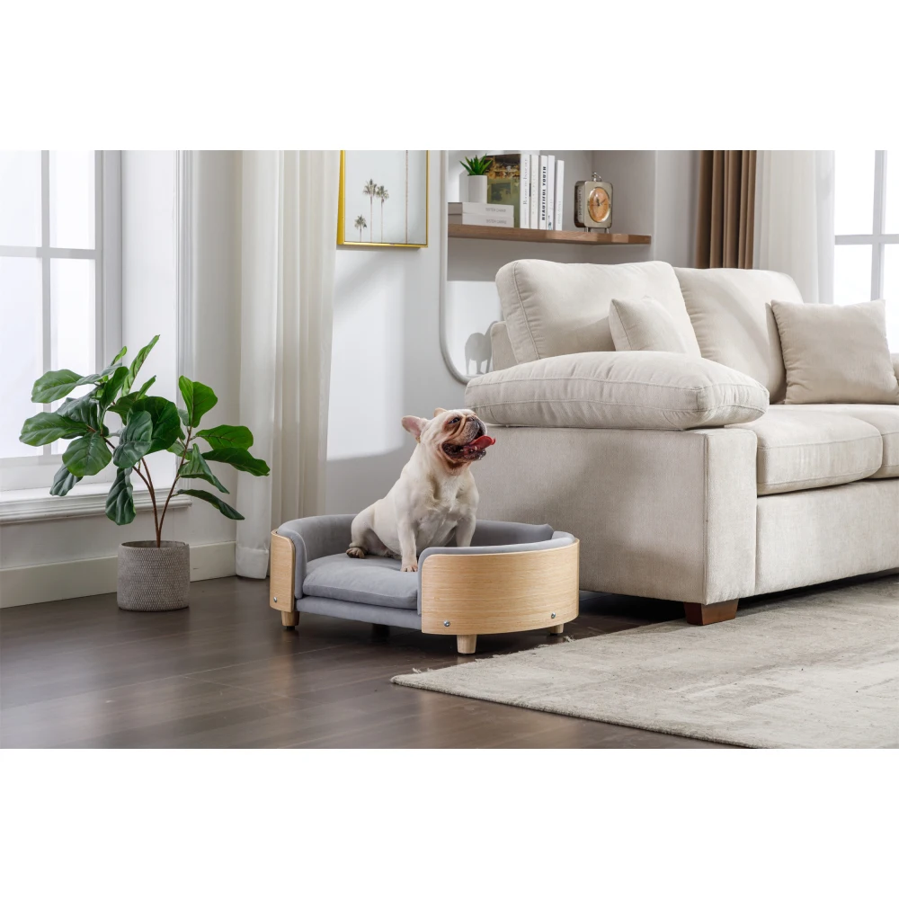 

Scandinavian style Elevated Dog Bed Pet Sofa With Solid Wood legs and Bent Wood Back, Velvet Cushion,Mid Size Light Grey