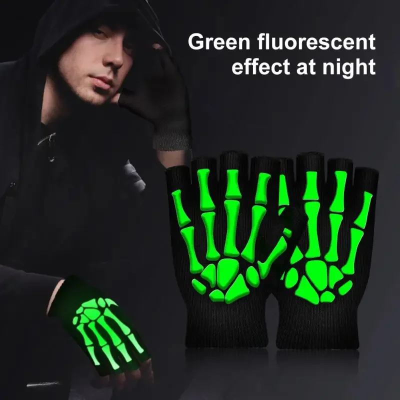 Halloween Skeleton Skull Fingerless Gloves - Glow-in-the-dark Stretch Mittens