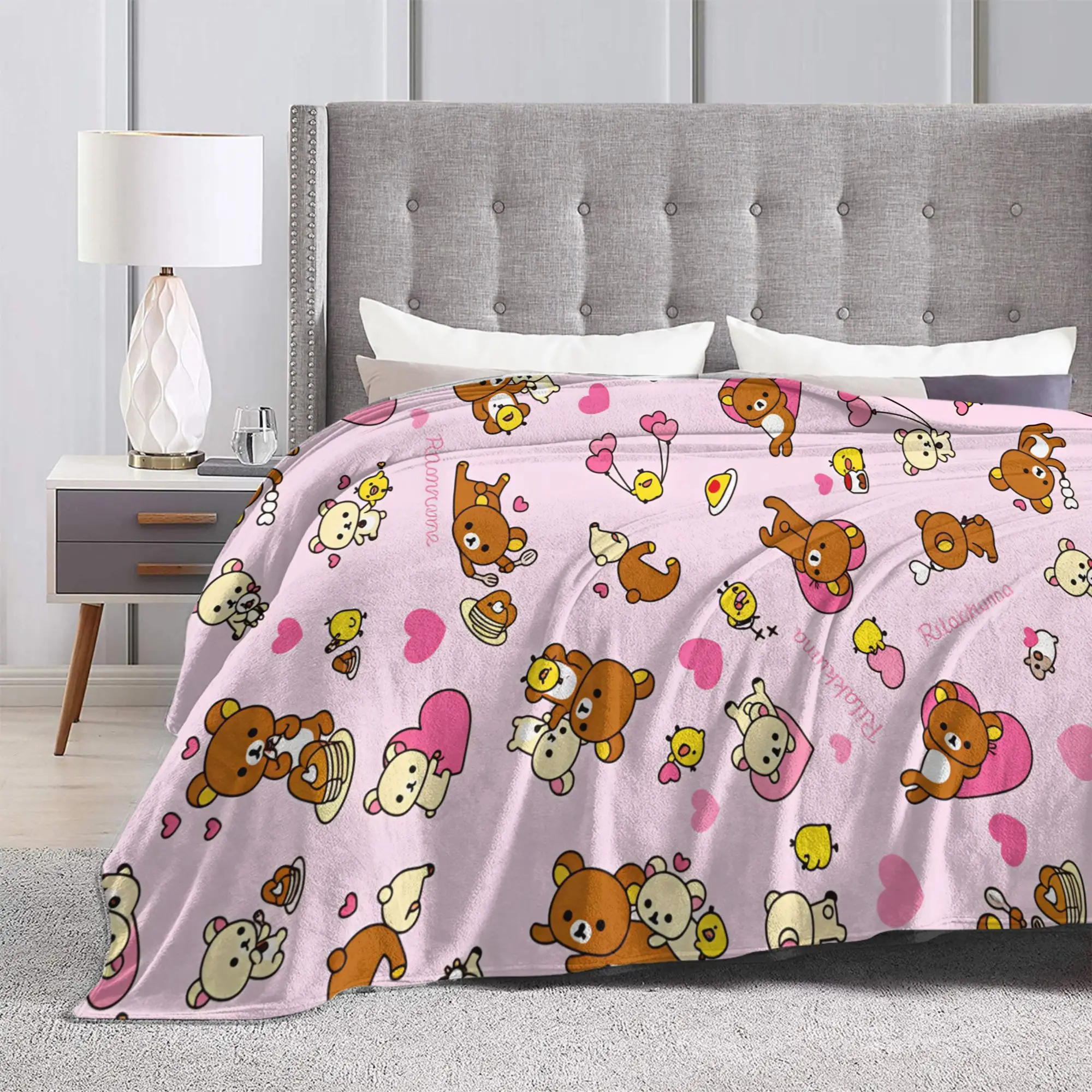 Rilakkuma Light Pink Pattern Plush Blanket Girls Boys  Flannel Throw Blanket For Couch Chair Sofa Bed Warm Soft Bedspread Gift
