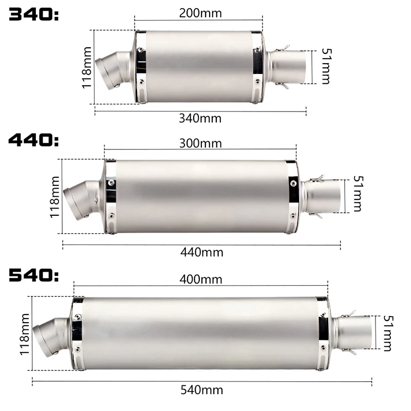 Universal 38-51mm Tial Muffler Escap Motorcycle Exhaust Pipe With DB Killer Stainless Steel Left&Right 340/440/540mm Silencer