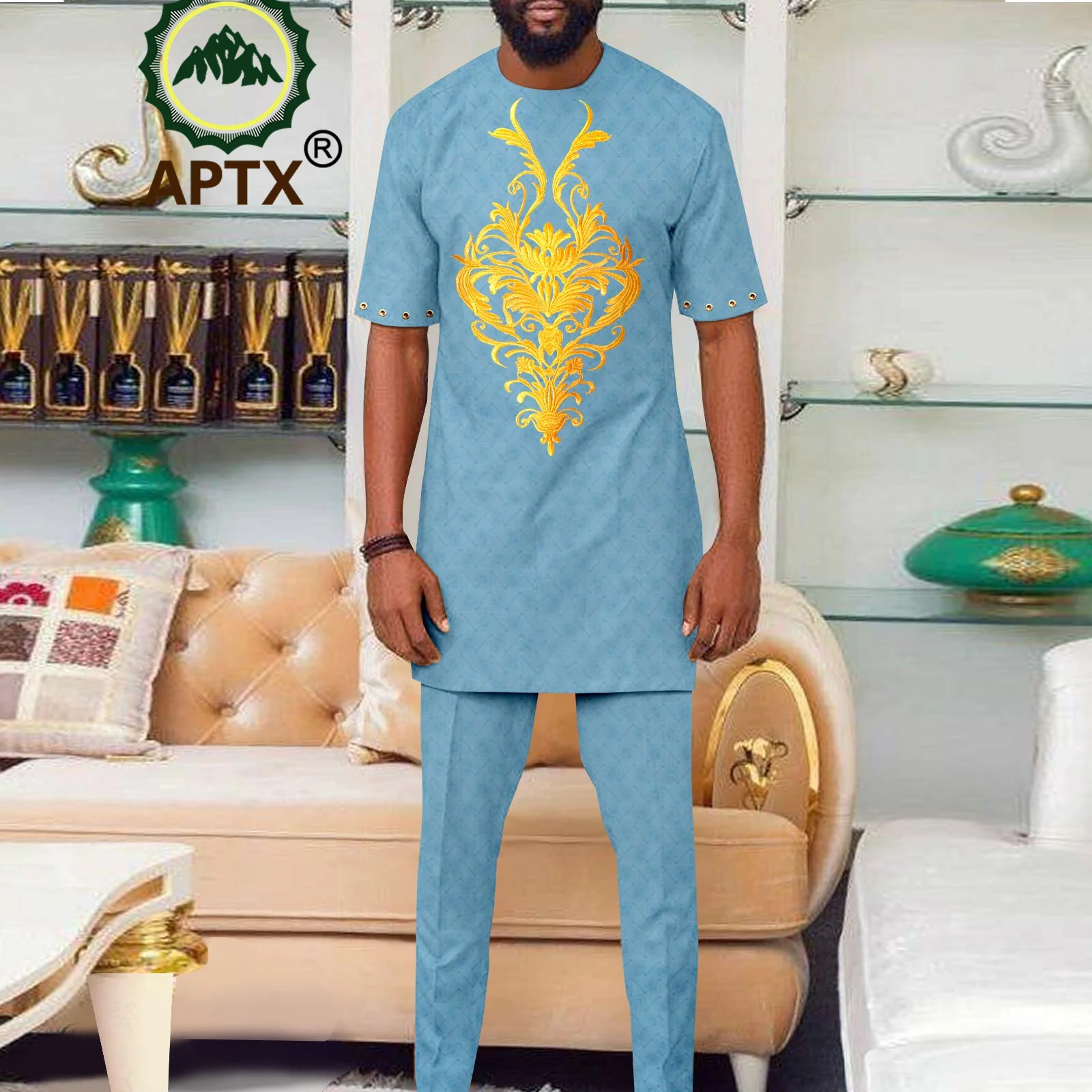 Dashiki African Men Outfits Suit 2 Piece Set Short Shirt Pants Top+ Slim Fit Trousers Casual Business Wedding Attire A2316079