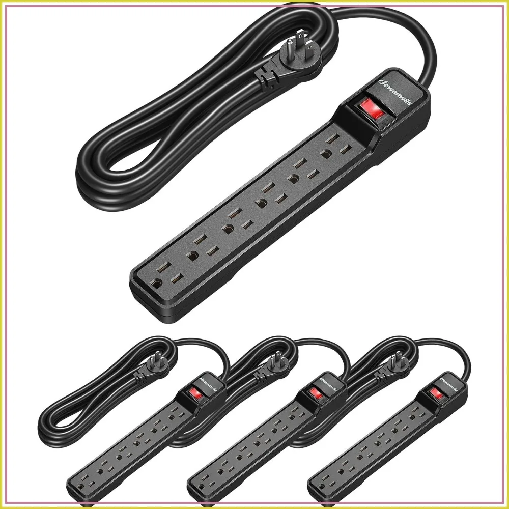 

15ft Power Strip with 6 Outlets, 15A Circuit Breaker, Flat Plug, Surge Protector, 4 Pack, Wall Mount, Black