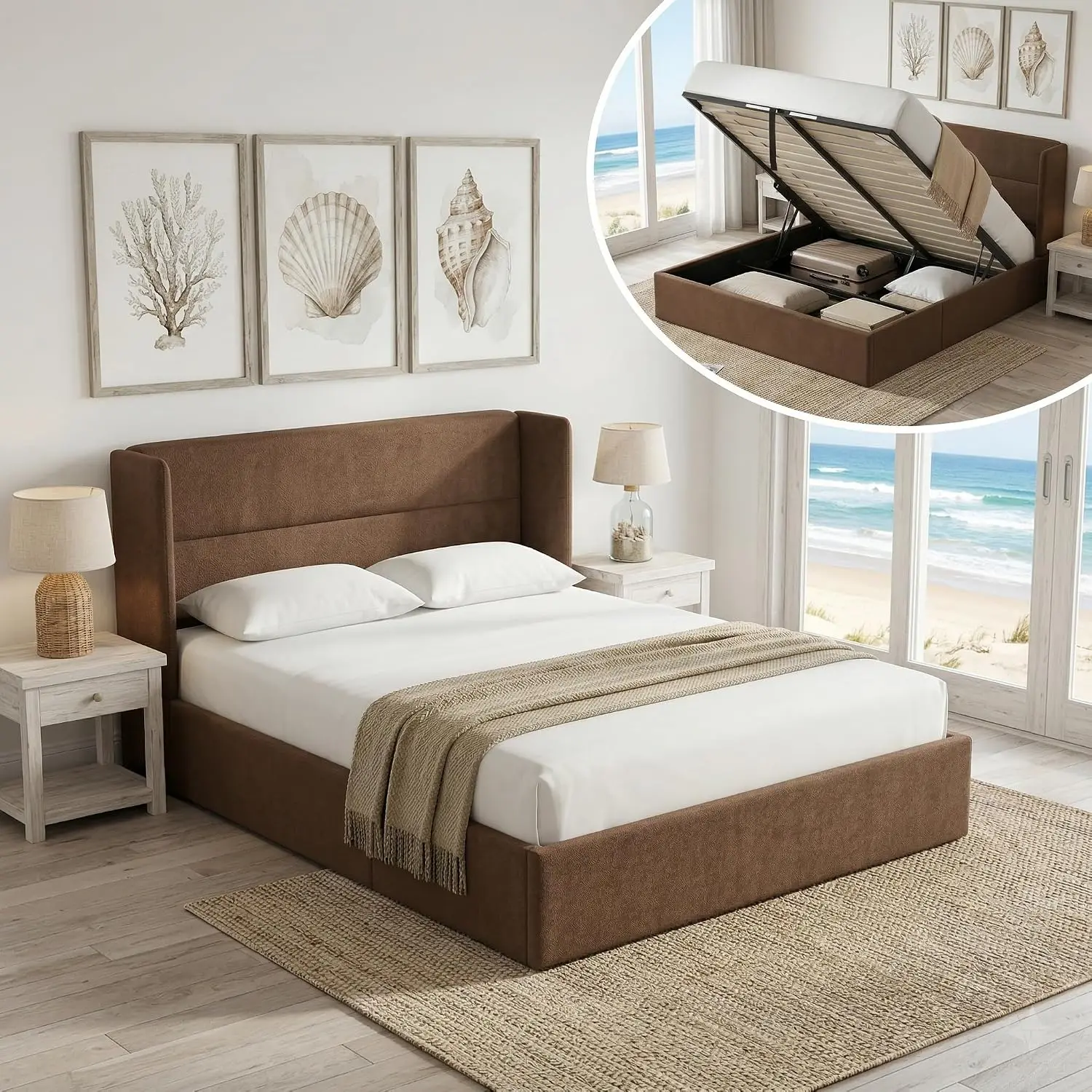 Queen Storage Bed Frame Wingback Headboard Lift Up Ottoman Platform Bedroom Wood Slat, Customized