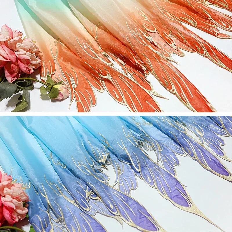 Chinese Embroidery Fabric with Gradient Lotus Leaf Edge Heavy Stitching Material for DIY Hanfu Dress Dance Costume Performance