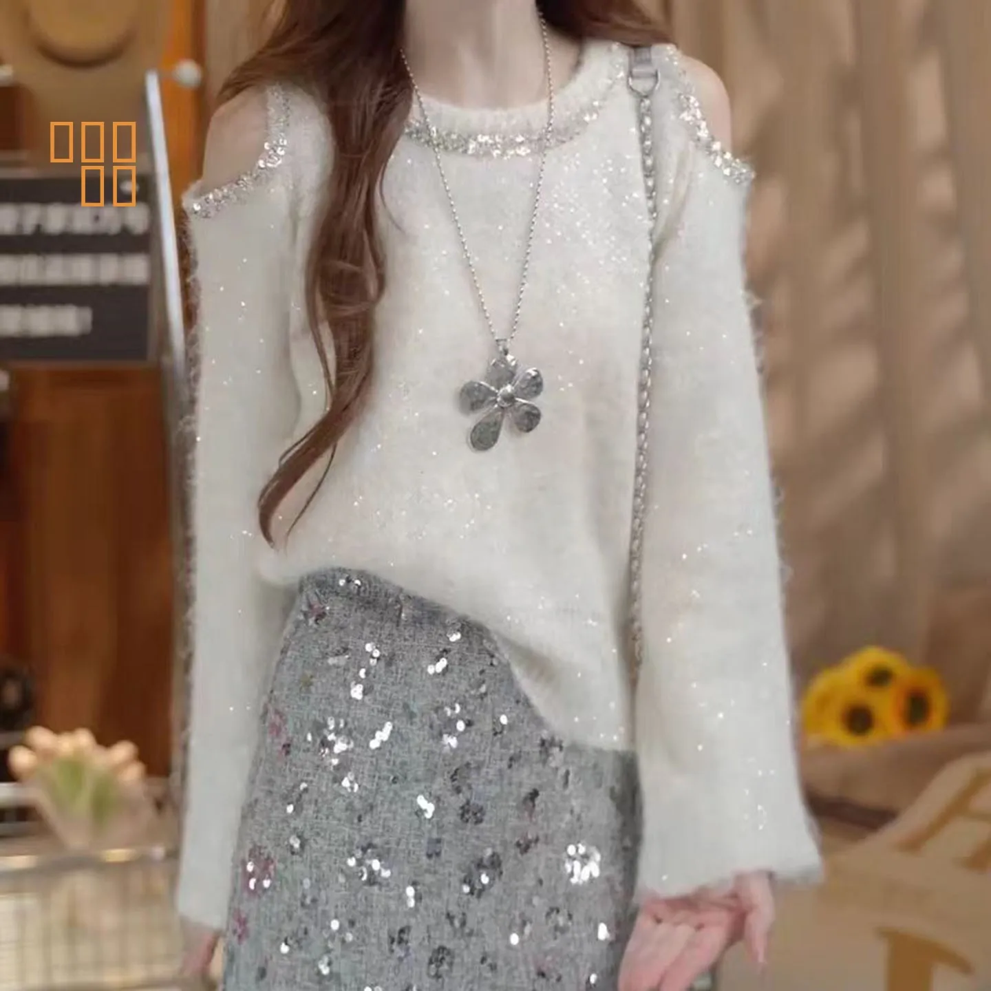 

Luxury Heavy-Embroidered Diamond oulder Bared Long Sve Knitted Sweater for Women Autumn Winter New Sle Camere Knitwear