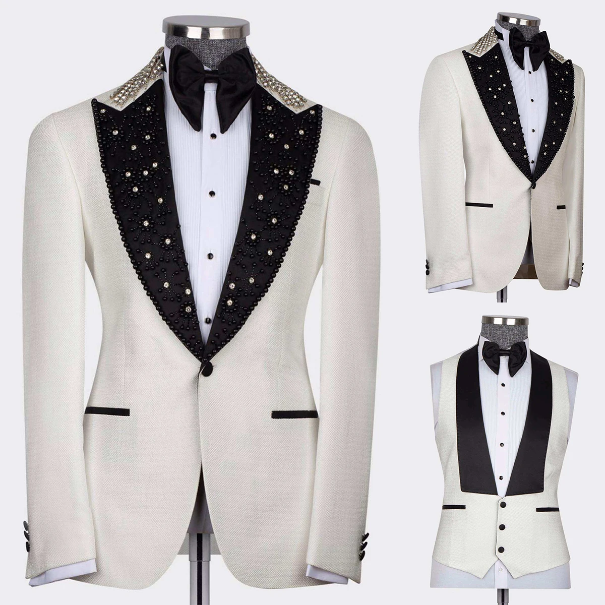 

Luxury Beads Neck Wedding Men's Suit for Party Slim Fit 3 Pieces Blazer Vest Pant Tailor-Made Groom Formal Occasions Suits