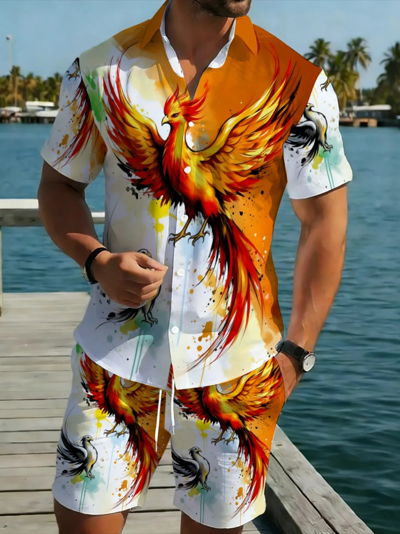 Oriental Phoenix Pattern Men Set Short Sleeve Button Shirt Drawstring Shorts Casual Vacation Outfit view 3