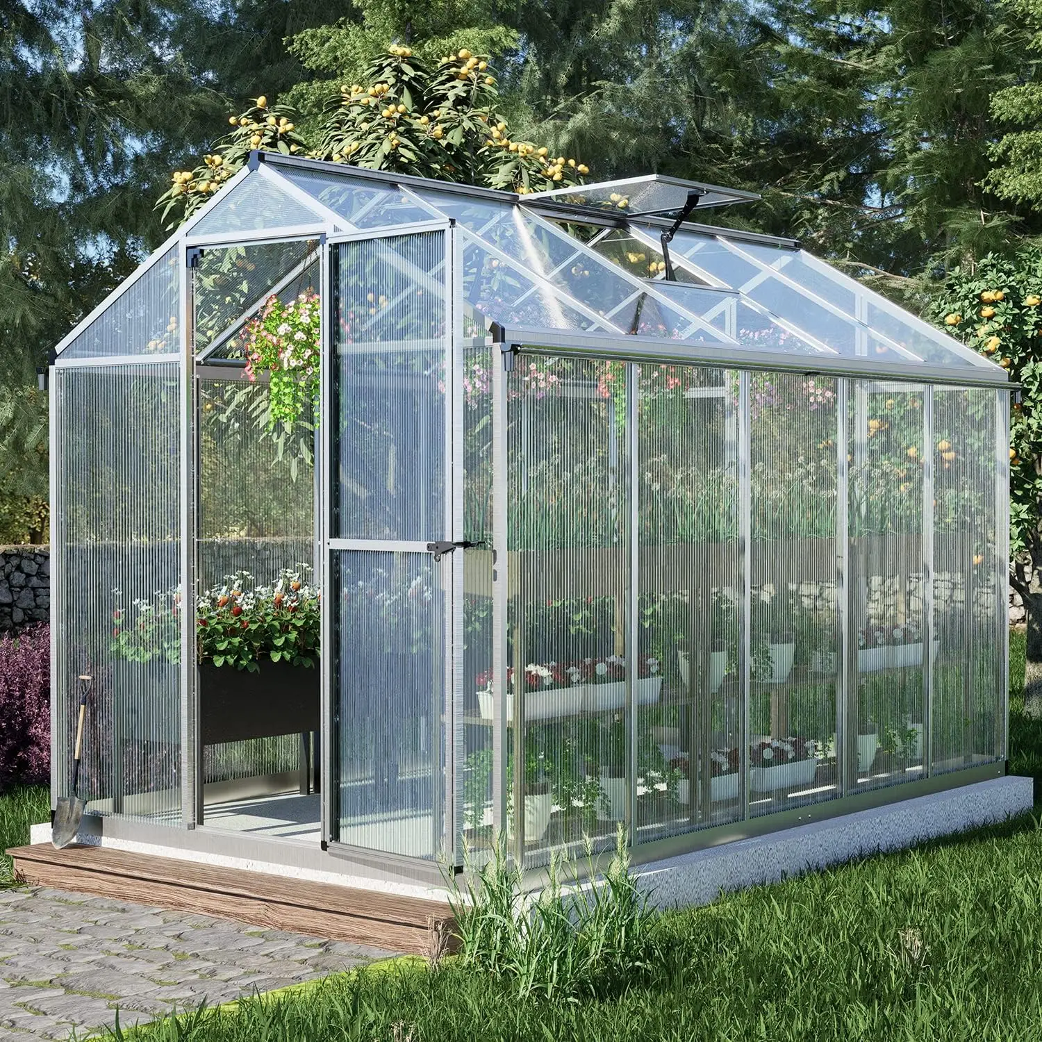 

6' x 10' Walk-in Greenhouse Polycarbonate Panel Hobby Greenhouses with Aluminum Frame Heavy Duty with 2 Vent Windows & Locka