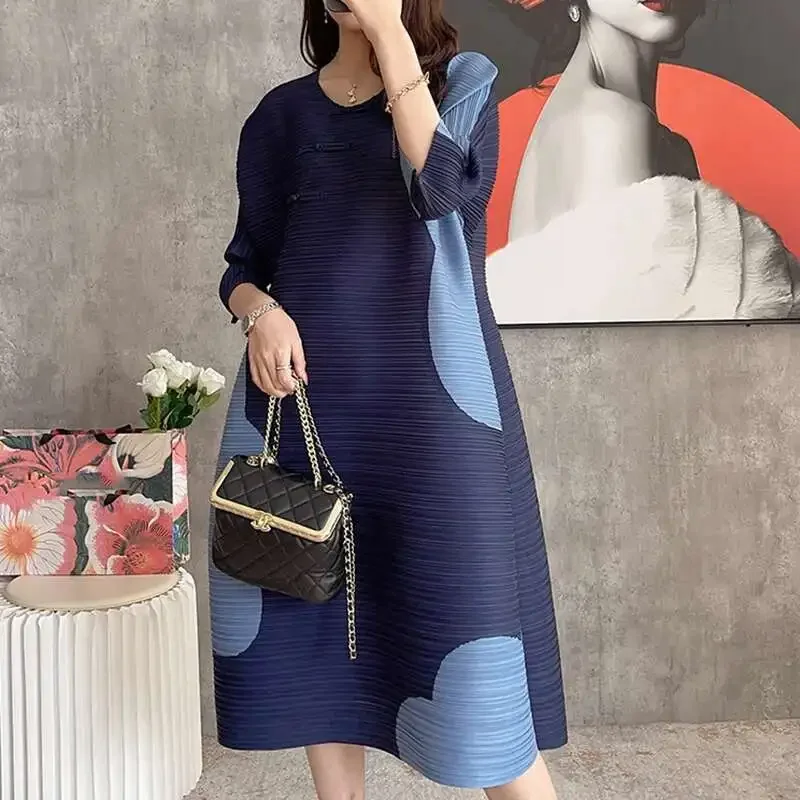 Round Neck Short Sleeves Patchwork Colour Collision Loose Style Miyake Summer 2025 Dresses Fashion Casual Design Pleated Dress