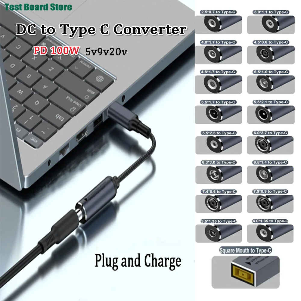 

DC to Type C PD 100W Power Adapter Converter 5.5X2.5 7.4X0.6 5/9/20V Laptop Charger USB C Connector for Lenovo/HP/Samsung