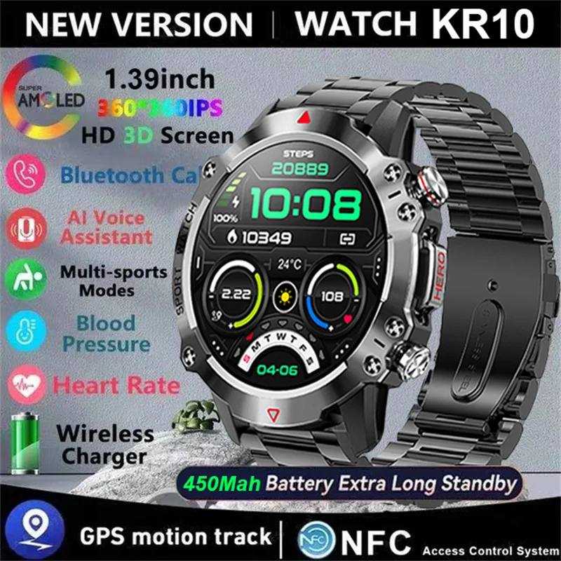 

New KR10 Smartwatch Men's Voice Assistant BT Wireless Call Business Outdoor Sports IP68 Waterproof smartwatch for Android iOS