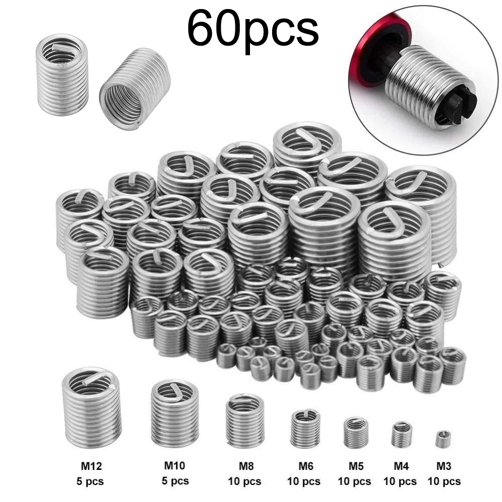 60Pcs Wire Thread Insert Thread Repair Kit Fastening M3-M12 Stainless Steel Spiral Wire Screw for Helical Repair Easy Install