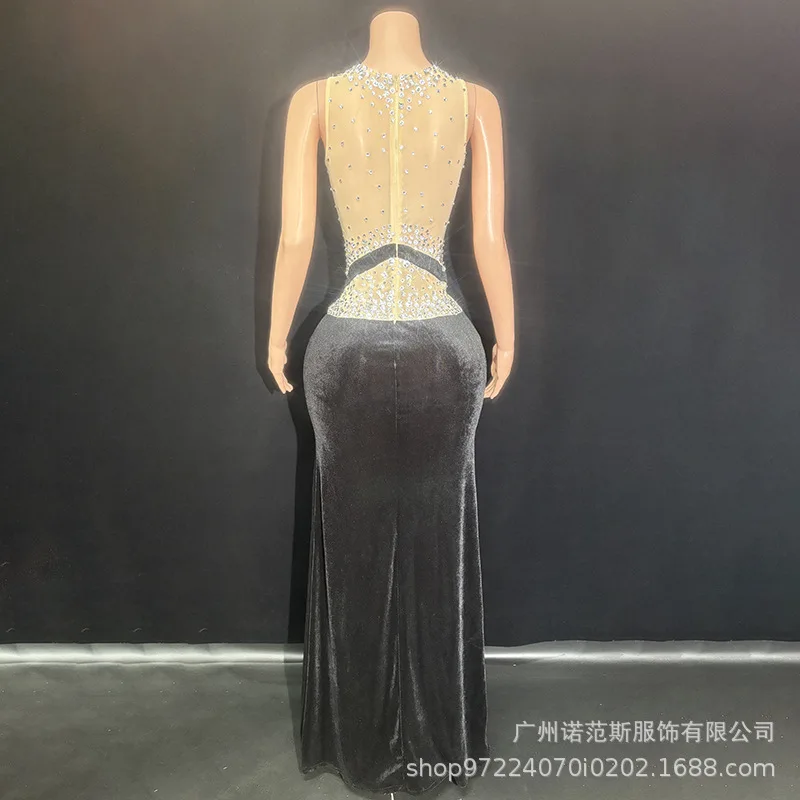 2026 فستان مثير أسود مخملي مزاجه حجر الراين أنثى كبار الشعور الاجتماعي عشاء أداء الملابس فستان الاجتماع السنوي #4