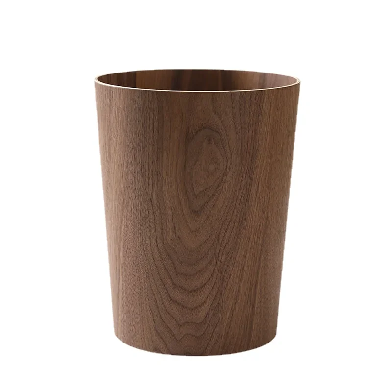 9L Garbage Can with Lid Waste Bins Solid Wood Wastebasket Home Cleaning Tools Round Trash Can Swing Cover Office Storage Baskets