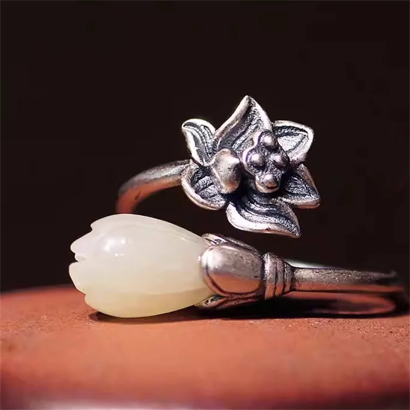 

Винтажное нефритовое кольцо с цветком лотоса для женщин, регулируемое, на удачу, для вечеринок, украшение для женщин