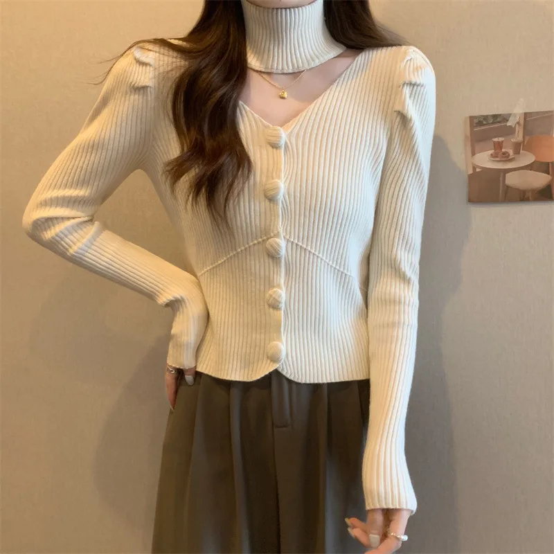 Spring and Autumn Women\'s V-neck Knitted Sweater Long Sleeved Shirt Halter Gentle and Fashionable Style Short Coat Top