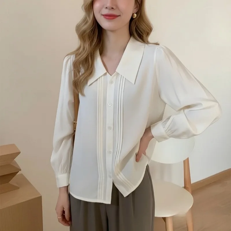

French Style Turn Down Collar White Shirt for Women Thin Tops Vintage Long Puff Sleeve Loose Clothes New Spring 2025 801