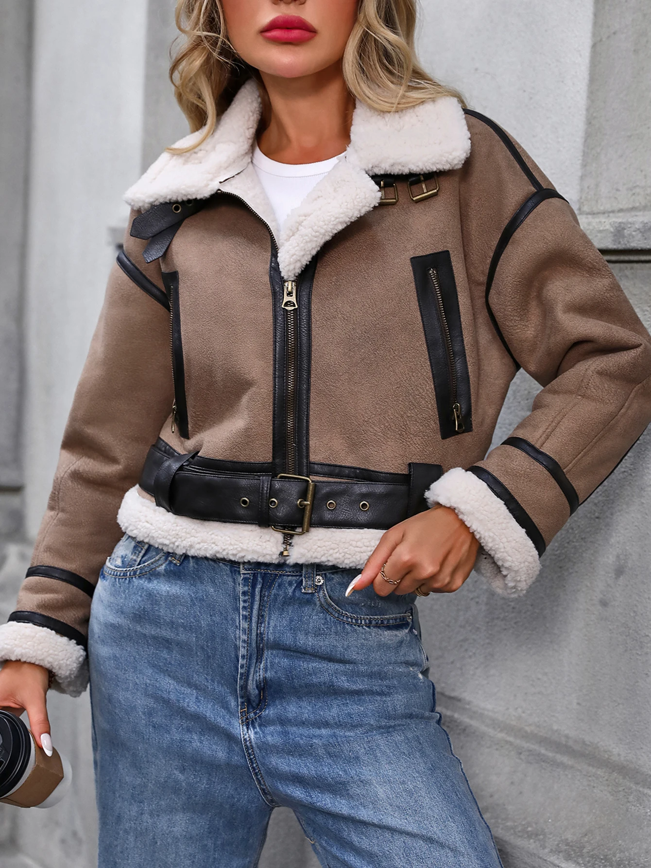 FTLZZ-chaqueta de cuero de ante de imitación para mujer, abrigo informal de lana de cordero con retales, solapa y cremallera, prendas de vestir de invierno